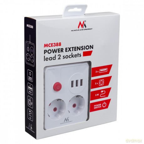 Listwa zasilająca, MCE388 W 2 gniazda, 3xUSB, 110-240V AC 50/60Hz, 2.1A max 2500W, 3m biała