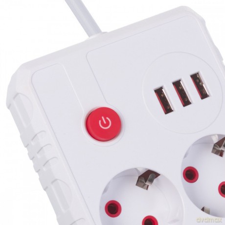 Listwa zasilająca, MCE388 W 2 gniazda, 3xUSB, 110-240V AC 50/60Hz, 2.1A max 2500W, 3m biała