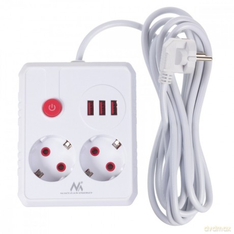 Listwa zasilająca, MCE388 W 2 gniazda, 3xUSB, 110-240V AC 50/60Hz, 2.1A max 2500W, 3m biała