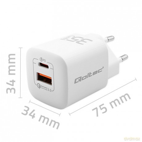 Ładowarka sieciowa 35W GaN ULTRA | 5-20V | 2.25-3A | 1 x USB typ C PD | 1 x USB | Biała