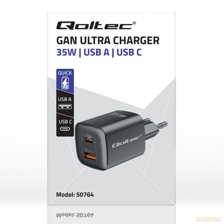 Ładowarka sieciowa 35W GaN ULTRA | 5-20V | 2.25-3A | 1 x USB typeC PD | 1 x USB | Czarna