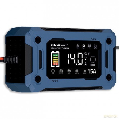 Mikroprocesorowa ładowarka 12V 15A | Prostownik z funkcją naprawy i podtrzymania zasilania podczas wymiany akumulatora | do AGM GEL LiFePO4 | LCD