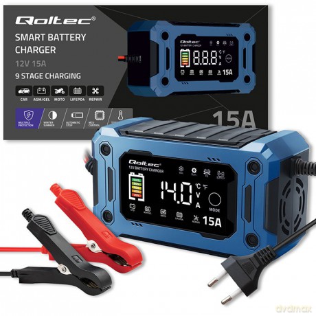 Mikroprocesorowa ładowarka 12V 15A | Prostownik z funkcją naprawy i podtrzymania zasilania podczas wymiany akumulatora | do AGM GEL LiFePO4 | LCD