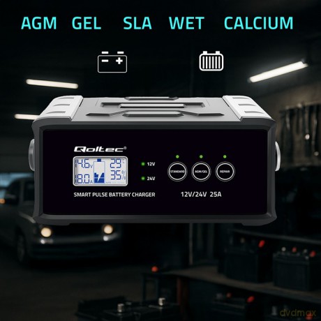 Mikroprocesorowa ładowarka 12V 24V 25A | Prostownik z funkcją naprawy do akumulatora AGM GEL SLA | LCD