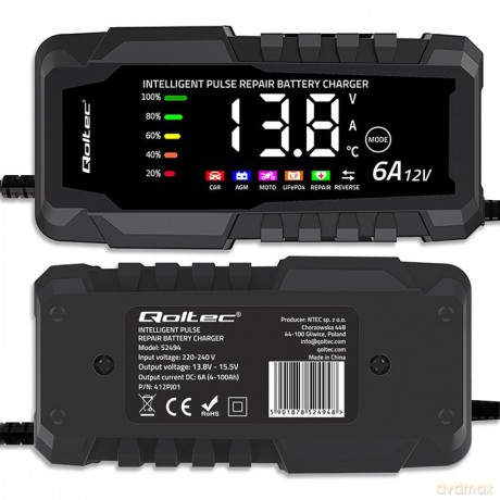 Mikroprocesorowa ładowarka 12V 6A | Prostownik z funkcją naprawy do akumulatora AGM GEL LiFePO4 | LCD