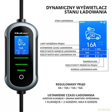 Mobilna ładowarka do samochodu elektrycznego EV z regulacją 2w1 Typ2 | 11kW | 400V | Wi-Fi | TUYA | SMART LIFE | LCD | Wallbox | 5m