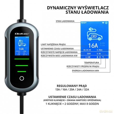 Mobilna ładowarka do samochodu elektrycznego EV z regulacją 2w1 Typ2 | 22kW | 400V | Wi-Fi | TUYA | SMART LIFE | LCD | Wallbox | 7m