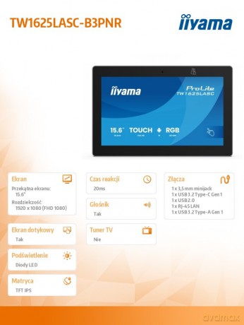 Monitor 16 cali TW1625LASC-B3PNR ANDROID 14,FHD,10PKT,450cd,2x2W, 4xUSB, 1xUSB-C,RJ45, MIC, RK3567, 4/32GB, LED lightbar, iiSign2, NFC, 24/7