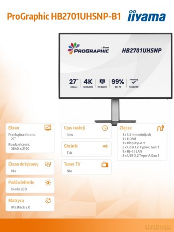 Monitor 27 cali ProGraphic HB2701UHSNP-B1 4K,IPS BLACK 2.0,450cd,VESA USB-c dock(PD:96W),HDMI,DP,DAISY/CHAIN,4xUSB,RJ45,3000:1,sRGB:100%,DCI-P3:99%,KV