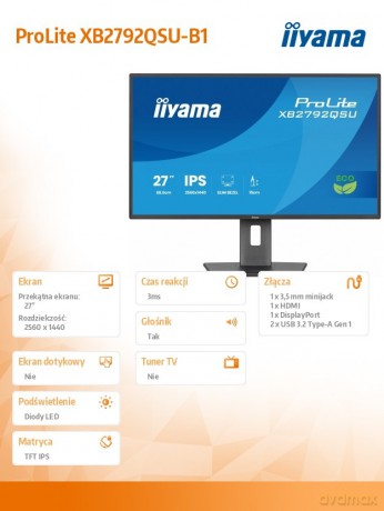Monitor 27 cali XB2792QSU-B1 IPS,QHD, HAS (150) PIVOT, 120Hz,HDMI,DP, 350cd,1500:1, cienkie ramki, 2xUSB 3.2, ErP B