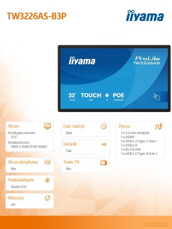 Monitor 32 cale TW3226AS-B3P POJ.10PKT.VA.24/7.FHD,500cd,HDMI,3xUSB, 1xUSB-c,RJ45,MIC, 2x5W,ANDROID 14,RK3567, 4/32GB, iiSign2