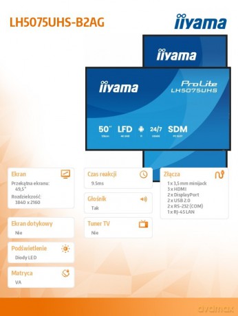 Monitor 50 cali LH5075UHS-B2AG,24/7,VA,ANDROID.11,4K,500cd,3xHDMI,DP, RJ45,2x10W,2xUSB,WiFi,4/32GB,24/7,A311D2, full daisy chain, i