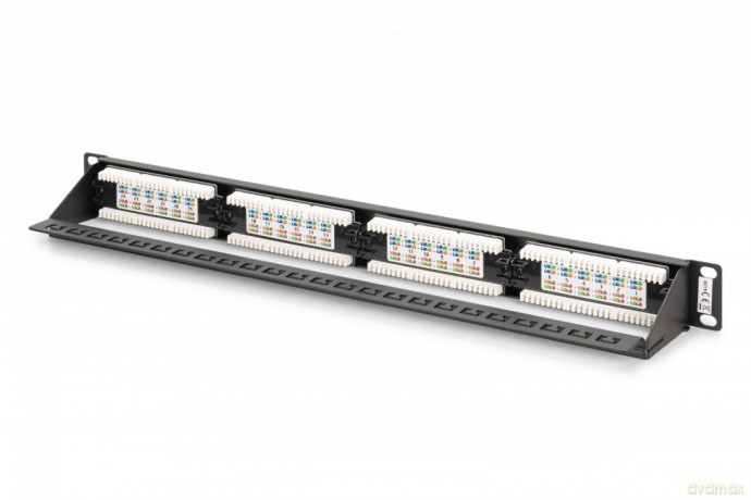 Panel krosowy (patch panel) 19'' 24x RJ45, LSA pion, kat.6, nieekranowany, 1U, prowadnica kabli, pola opisowe, Czarny