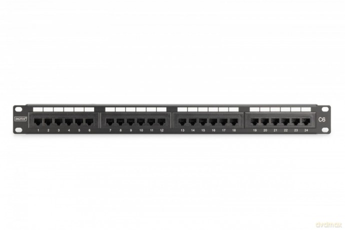 Panel krosowy (patch panel) 19'' 24x RJ45, LSA pion, kat.6, nieekranowany, 1U, prowadnica kabli, pola opisowe, Czarny