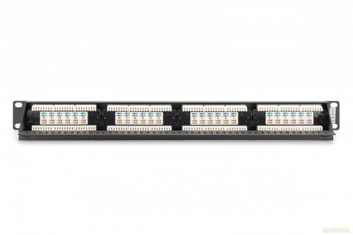 Panel krosowy (patch panel) 19'' 24x RJ45, LSA pion, kat.6, nieekranowany, 1U, prowadnica kabli, pola opisowe, Czarny