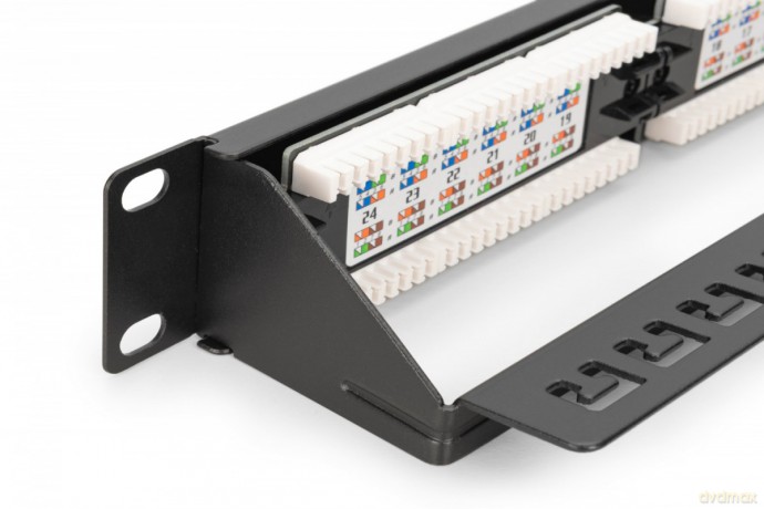 Panel krosowy (patch panel) 19'' 24x RJ45, LSA pion, kat.6, nieekranowany, 1U, prowadnica kabli, pola opisowe, Czarny
