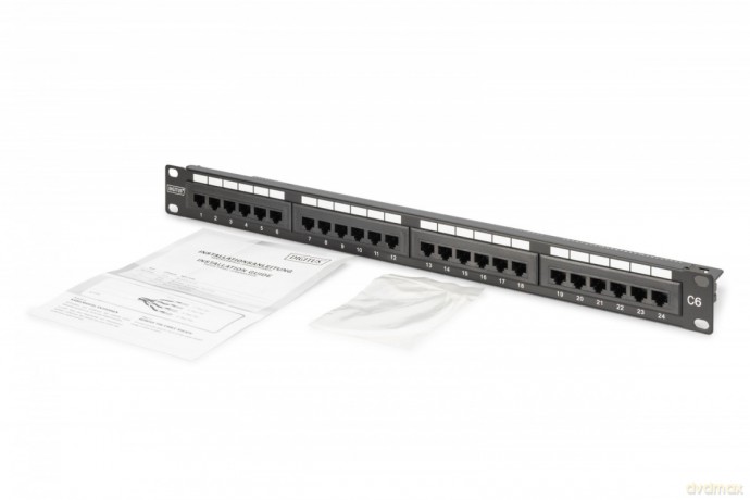 Panel krosowy (patch panel) 19'' 24x RJ45, LSA pion, kat.6, nieekranowany, 1U, prowadnica kabli, pola opisowe, Czarny