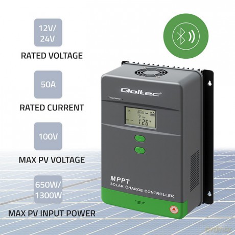 Solarny regulator ładowania MPPT z czujnikiem temperatury 50A | 12V/24V | LCD | Bluetooth | APP | GEL | LiFePO4