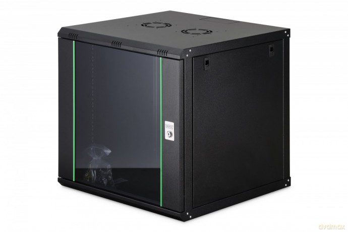 Szafa sieciowa wisząca Dynamic 19" 12U rack 607x600x600mm, drzwi szyba, czarna, niezłożona, 60kg