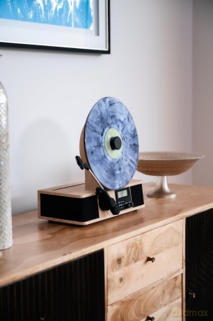 Fuse: WRAP Vertical Record Player With Bluetooth IN/OUT. FM Radio. And Built-In Album Cover Holder