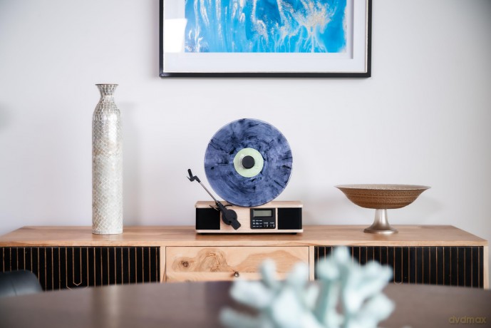 Fuse: WRAP Vertical Record Player With Bluetooth IN/OUT. FM Radio. And Built-In Album Cover Holder