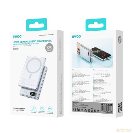 BWOO power bank magnetyczny P75 PD 20W 5000 mAh z wyświetlaczem i portem USB-C srebrny