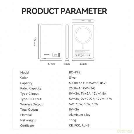 BWOO power bank magnetyczny P75 PD 20W 5000 mAh z wyświetlaczem i portem USB-C srebrny