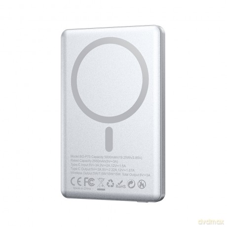 BWOO power bank magnetyczny P75 PD 20W 5000 mAh z wyświetlaczem i portem USB-C srebrny