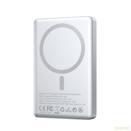BWOO power bank magnetyczny P76 PD 20W 10000 mAh z wyświetlaczem i portem USB-C srebrny