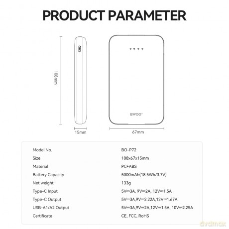 BWOO power bank P72 QC 22.5W PD 20W 5000 mAh z 2 x USB-A 1 x USB-C czarny
