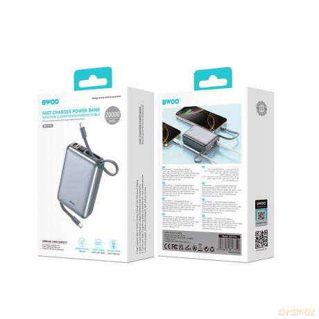 BWOO power bank P73 22.5W 20000 mAh z 2 wbudowanymi kablami 1 x USB-C 1 x Lightning srebrny