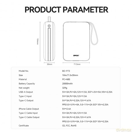 BWOO power bank P73 22.5W 20000 mAh z 2 wbudowanymi kablami 1 x USB-C 1 x Lightning srebrny
