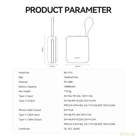 BWOO power bank P74 22.5W 10000 mAh z 2 wbudowanymi kablami 1 x USB-C 1 x Lightning srebrny