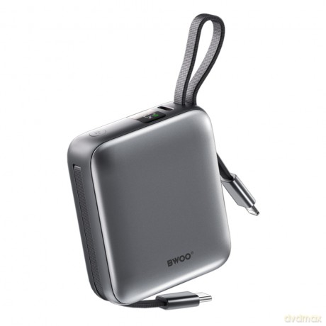 BWOO power bank P74 22.5W 10000 mAh z 2 wbudowanymi kablami 1 x USB-C 1 x Lightning srebrny