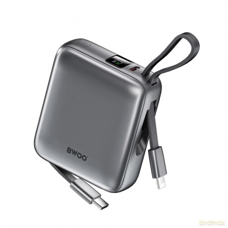 BWOO power bank P74 22.5W 10000 mAh z 2 wbudowanymi kablami 1 x USB-C 1 x Lightning srebrny