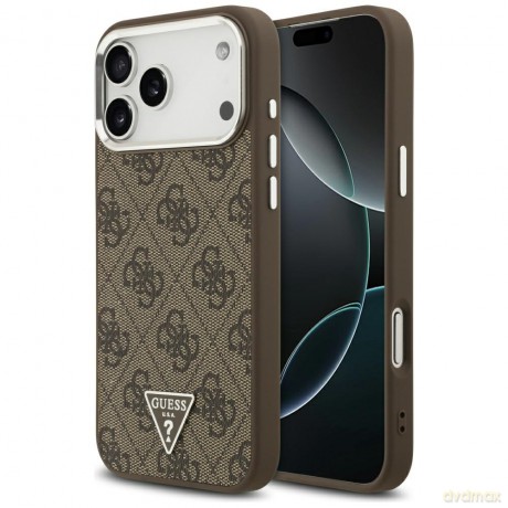 Guess Nakładka Magsafe 4G PU Leather Case With Triangle Logo And Silver Metal Camera Frame Do iPhone 17 Pro Max Brązowa