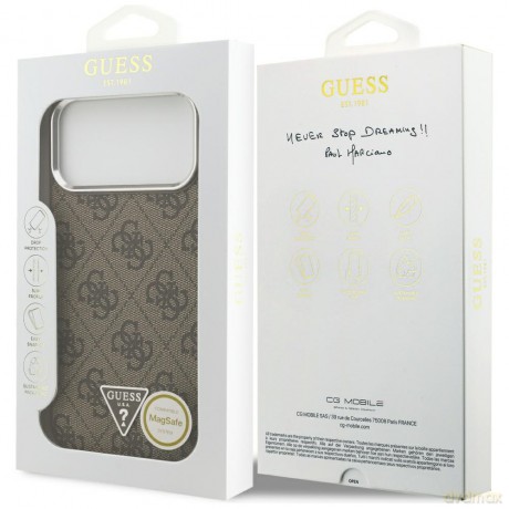 Guess Nakładka Magsafe 4G PU Leather Case With Triangle Logo And Silver Metal Camera Frame Do iPhone 17 Pro Max Brązowa