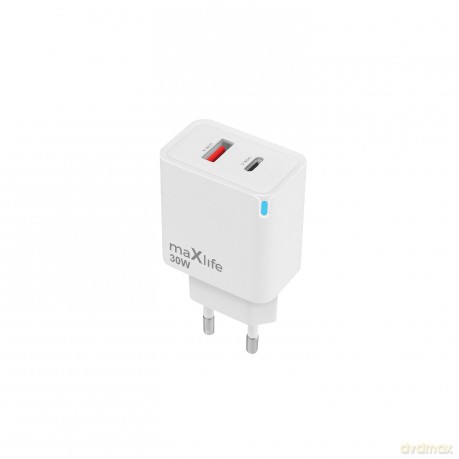 Maxlife ładowarka sieciowa GaN PD QC MXTC-09-30AC 1x USB-C 1x USB 30W biała