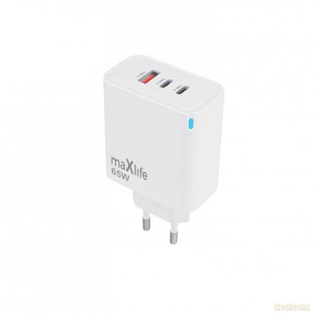 Maxlife ładowarka sieciowa GaN PD QC MXTC-09-65ACC 2x USB-C 1x USB 65W biała