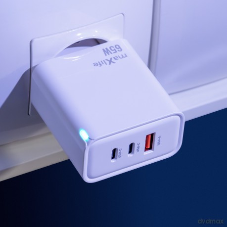 Maxlife ładowarka sieciowa GaN PD QC MXTC-09-65ACC 2x USB-C 1x USB 65W biała