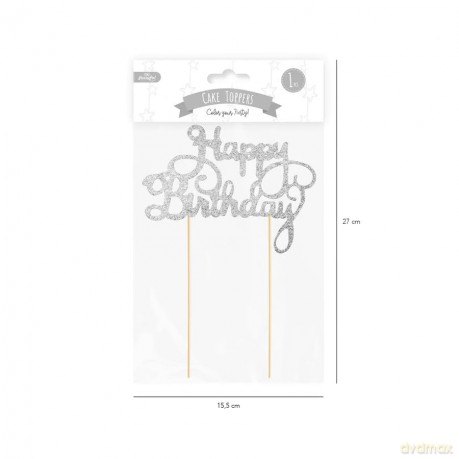 Topper na tort Happy Birthday brokatowy srebrny 1szt. 512275