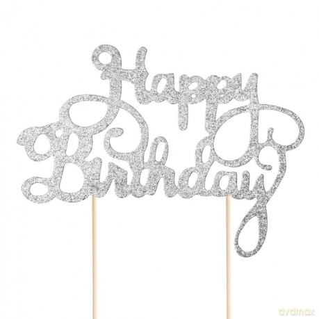 Topper na tort Happy Birthday brokatowy srebrny 1szt. 512275
