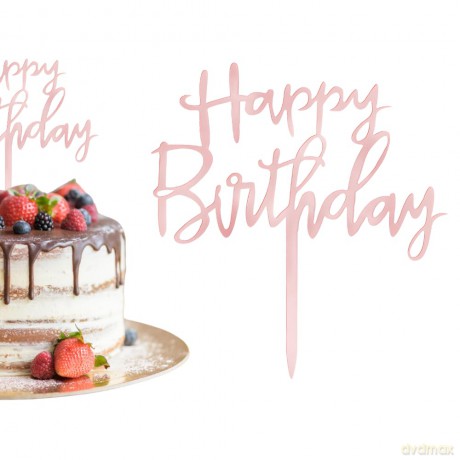 Topper na tort Happy Birthday lustrzany rose gold 1szt. 143735