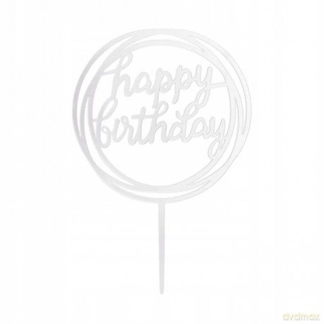 Topper na tort Happy Birthday okrągły lustrzany srebrny 1szt. 143643