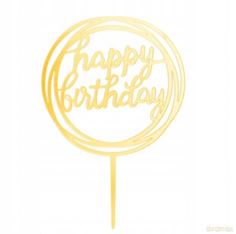 Topper na tort Happy Birthday okrągły lustrzany złoty 1szt. 143636