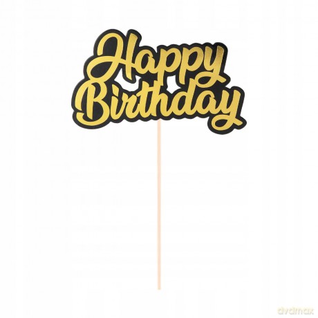 Topper na tort Happy Birthday złoto-czarny 1szt. 144480