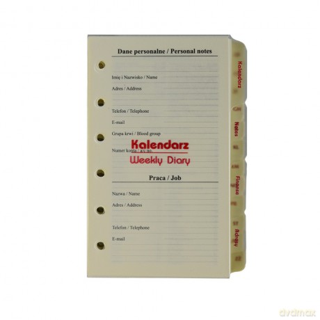 Kalendarz 2026 pełny Wkład do Organizera Notes Finanse Adresy 7,5x12,5 cm WKLORS-05-Set [KALENDARZ]