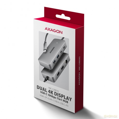 HMC-CUB83X2 Wieloportovy hub USB 7in1, 10Gbps, 2x USB-A, 1x USB-C, 1x HDMI 4K/144Hz, DP 8K/30Hz, GLAN, PD 100W, 15cm USB-C kabel