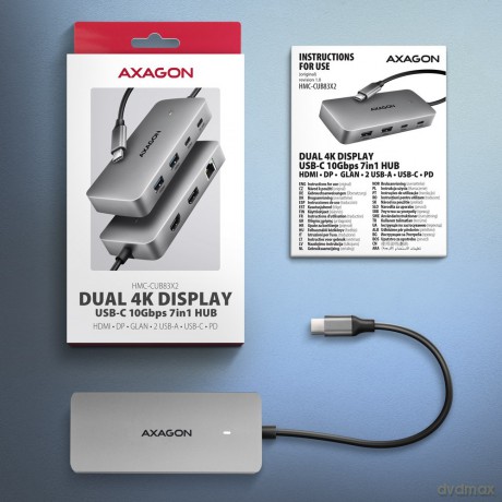 HMC-CUB83X2 Wieloportovy hub USB 7in1, 10Gbps, 2x USB-A, 1x USB-C, 1x HDMI 4K/144Hz, DP 8K/30Hz, GLAN, PD 100W, 15cm USB-C kabel