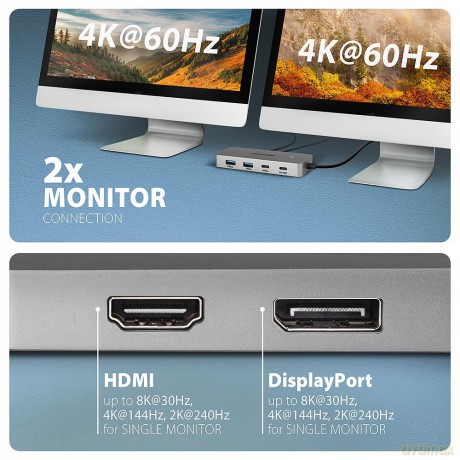 HMC-CUB83X2 Wieloportovy hub USB 7in1, 10Gbps, 2x USB-A, 1x USB-C, 1x HDMI 4K/144Hz, DP 8K/30Hz, GLAN, PD 100W, 15cm USB-C kabel